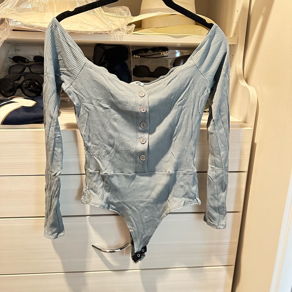 Fashion Nova Muted Teal Off The Shoulder Ribbed  Bodysuit